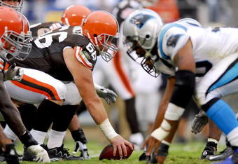 CHARLOTTE, NC - OCTOBER 8:  Offensive lineman Hank Fraley #66 of the Cleveland Browns waits for the snap during the game against the Carolina Panthers on October 8, 2006, at Bank of America Stadium in Charlotte, North Carolina. Carolina won 20-12. (Photo by Grant Halverson/Getty Images) 
