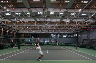 VILNIUS, LITHUANIA - MARCH 04:  A general view of the Lituania team in a practice session during previews to the Davis Cup Tennis match between Lithuania and Great Britain on March 4, 2010 in Vilnius, Lithuania.  (Photo by Julian Finney/Getty Images)