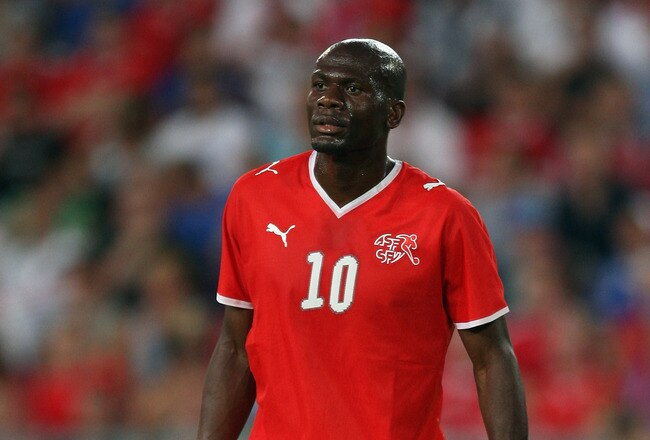 BASEL, SWITZERLAND - AUGUST 12: Blaise Nkufo of Swtzerland looks on during the International Friendly between Switzerland and Italy at St. Jakob-Park on August 12, 2009 in Basel, Switzerland.  (Photo by Bryn Lennon/Getty Images)
