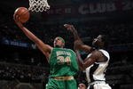 SAN ANTONIO - MARCH 17: Forward Paul Pierce #34  of the Boston Celtics drives to the hoop against Michael Finley #4 of the San Antonio Spurs at AT&T Center March 17, 2008 in San Antonio, Texas.  NOTE TO USER: User expressly acknowledges and agrees that, by downloading and/or using this Photograph, user is consenting to the terms and conditions of the Getty Images License Agreement.  (Photo by Ronald Martinez/Getty Images)