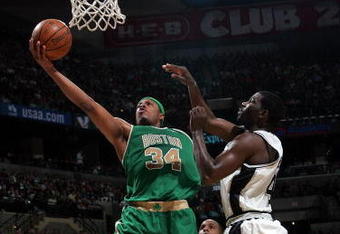 SAN ANTONIO - MARCH 17: Forward Paul Pierce #34  of the Boston Celtics drives to the hoop against Michael Finley #4 of the San Antonio Spurs at AT&T Center March 17, 2008 in San Antonio, Texas.  NOTE TO USER: User expressly acknowledges and agrees that, by downloading and/or using this Photograph, user is consenting to the terms and conditions of the Getty Images License Agreement.  (Photo by Ronald Martinez/Getty Images)