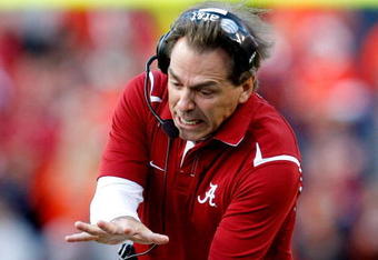 AUBURN, AL - NOVEMBER 27:  Head coach Nick Saban of the Alabama Crimson Tide yells to his offense during the game against the Auburn Tigers at Jordan-Hare Stadium on November 27, 2009 in Auburn, Alabama.  (Photo by Kevin C. Cox/Getty Images)