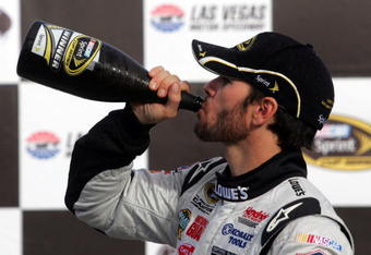 LAS VEGAS - FEBRUARY 28:  Jimmie Johnson, driver of the #48 Lowe's/Kobalt Tools Chevrolet, celebrates in Victory Lane after winning the NASCAR Sprint Cup Series Shelby American at Las Vegas Motor Speedway on February 28, 2010 in Las Vegas, Nevada.  (Photo by Jerry Markland/Getty Images for NASCAR)