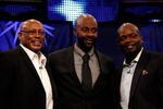 FORT LAUDERDALE, FL - FEBRUARY 06:  (L-R) members of the Pro Football Hall of Fame Class of 2010 Floyd Little, Jerry Rice and Emmitt Smith pose for a group photo during the Pro Football Hall of Fame Class of 2010 Press Conference held at the Greater Ft. Lauderdale/Broward County Convention Center as part of media week for Super Bowl XLIV on February 6, 2010 in Fort Lauderdale, Florida.  (Photo by Chris Graythen/Getty Images)