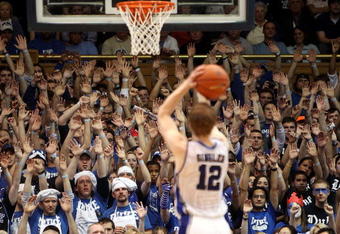 DURHAM, NC - MARCH 06:  Kyle Singler #12 of the Duke Blue Devils shoots a free throw against the North Carolina Tar Heels during their game at Cameron Indoor Stadium on March 6, 2010 in Durham, North Carolina.  (Photo by Streeter Lecka/Getty Images)