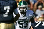 SOUTH BEND, IN - SEPTEMBER 19: Greg Jones #53 of the Michigan State Spartans awaits the start of play against the Notre Dame Fighting Irish on September 19, 2009 at Notre Dame Stadium in South Bend, Indiana. Notre Dame defeated Michigan State 33-30.  (Photo by Jonathan Daniel/Getty Images)