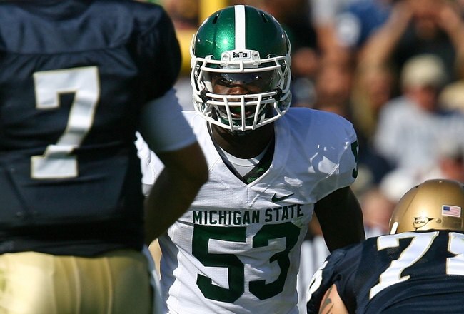 SOUTH BEND, IN - SEPTEMBER 19: Greg Jones #53 of the Michigan State Spartans awaits the start of play against the Notre Dame Fighting Irish on September 19, 2009 at Notre Dame Stadium in South Bend, Indiana. Notre Dame defeated Michigan State 33-30.  (Photo by Jonathan Daniel/Getty Images)