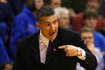 LAWRENCE, KS - JANUARY 13:  Head Coach Frank Martin of the Kansas State Wildcats yells from the sideline during the game against the Kansas Jayhawks on January 13, 2009 at Allen Fieldhouse in Lawrence, Kansas. The Jayhawks defeated the Wildcats 87-71. (Photo by Jamie Squire/Getty Images)