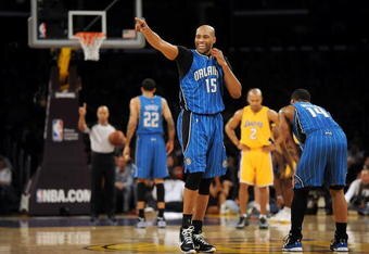LOS ANGELES, CA - JANUARY 18:  Vince Carter #15 of the Orlando Magic smiles on the court during the game against the Los Angeles Lakers on January 18, 2010 at Staples Center in Los Angeles, California. The Lakers won 98-92.  NOTE TO USER: User expressly acknowledges and agrees that, by downloading and/or using this Photograph, user is consenting to the terms and conditions of the Getty Images License Agreement.  (Photo by Harry How/Getty Images)