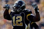 COLUMBIA, MO - NOVEMBER 07:  Linebacker Sean Weatherspoon #12 of the Missouri Tigers reacts after stopping the Baylor Bears offense during the game at Faurot Field/Memorial Stadium on November 7, 2009 in Columbia, Missouri.  (Photo by Jamie Squire/Getty Images)