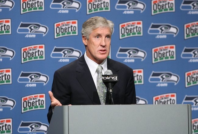 RENTON, WA - JANUARY 12:  Pete Carroll answers questions at a press conference announcing his hiring as the new head coach of the Seattle Seahawks on January 12, 2010 at the Seahawks training facility in Renton, Washington. (Photo by Otto Greule Jr/Getty Images)