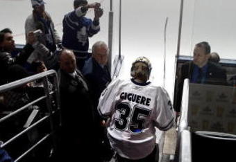 TORONTO - FEBRUARY 2: Jean-Sebastien Giguere #35 of the Toronto Maple Leafs steps on the ice for the first time during the warm-up before during game action against the New Jersey Devils February 2, 2010 at the Air Canada Centre in Toronto, Ontario, Canada. (Photo by Abelimages/Getty Images)