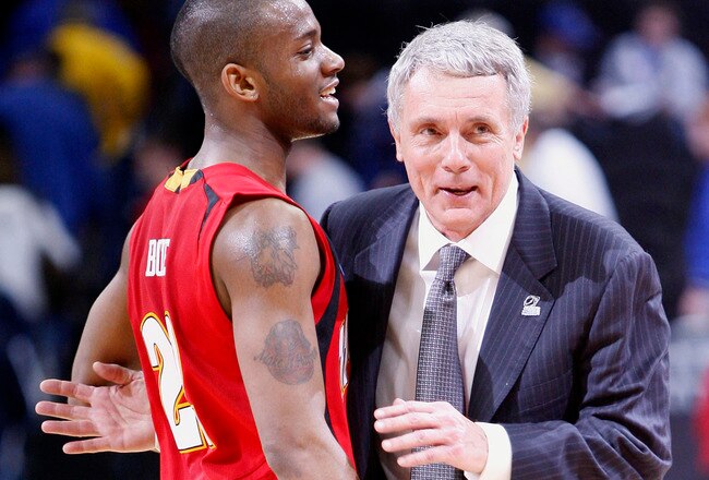 KANSAS CITY, MO - MARCH 19:  Head Coach Gary Williams and Adrian Bowie #22 of the Maryland Terrapins hug after their 84-71 victory over the California Golden Bears after their first round game in the NCAA Division I Men's Basketball Tournament at the Sprint Center on March 19, 2009 in Kansas City, Missouri.  (Photo by Jamie Squire/Getty Images)