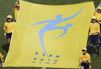 SHIZUOKA - JUNE 21:  Fifa Fair Play flag before the England v Brazil, World Cup Quarterfinal Stage match played at the Shizuoka Stadium Ecopa, Shizuoka, Japan on June 21, 2002. Brazil won the match 2 - 1. (Photo by Laurence Griffiths/Getty Images)