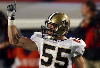 MIAMI GARDENS, FL - FEBRUARY 07: Scott Fujita #55  of the New Orleans Saints celebrates after his team recovers an onside kick to start the second half against the Indianapolis Colts during Super Bowl XLIV on February 7, 2010 at Sun Life Stadium in Miami Gardens, Florida.  (Photo by Win McNamee/Getty Images)