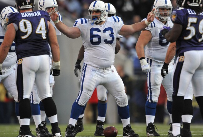 BALTIMORE - NOVEMBER 22:  Ryan Lilja #63 of the Indianapolis Colts defends against the Baltimore Ravens at M&T Bank Stadium on November 22, 2009 in Baltimore, Maryland. The Colts defeated the Ravens 17-15. (Photo by Larry French/Getty Images)