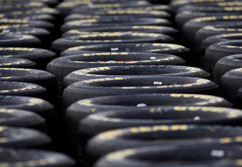ATLANTA - MARCH 06:  Goodyear Racing tires are stacked up during practice for the NASCAR Sprint Cup Series Kobalt Tools 500 at the Atlanta Motor Speedway on March 6, 2009 in Hampton, Georgia.  (Photo by Chris Graythen/Getty Images)