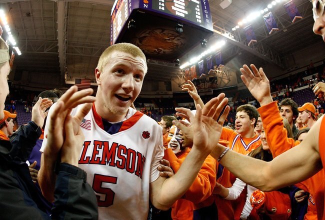CLEMSON, SC - JANUARY 13:  Tanner Smith #5 of the Clemson Tigers celebrates after their 83-64 win over the North Carolina Tar Heels at Littlejohn Coliseum on January 13, 2010 in Clemson, South Carolina.  (Photo by Kevin C. Cox/Getty Images)