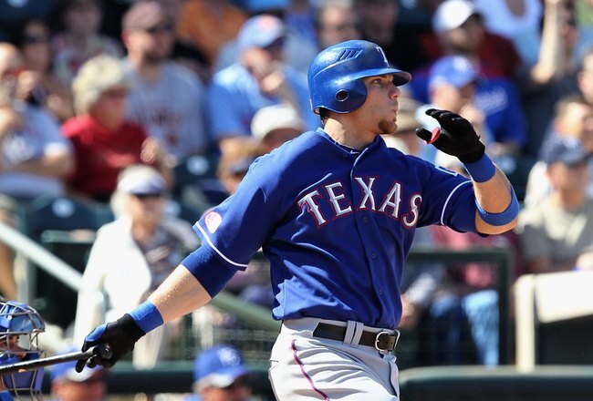 SURPRISE, AZ - MARCH 05:  Chris Davis #19 of the Texas Rangers bats against the Kansas City Royals during the MLB spring training game at Surprise Stadium on March 5, 2010 in Surprise, Arizona. The Royals defeated the Rangers 4-2.  (Photo by Christian Petersen/Getty Images)
