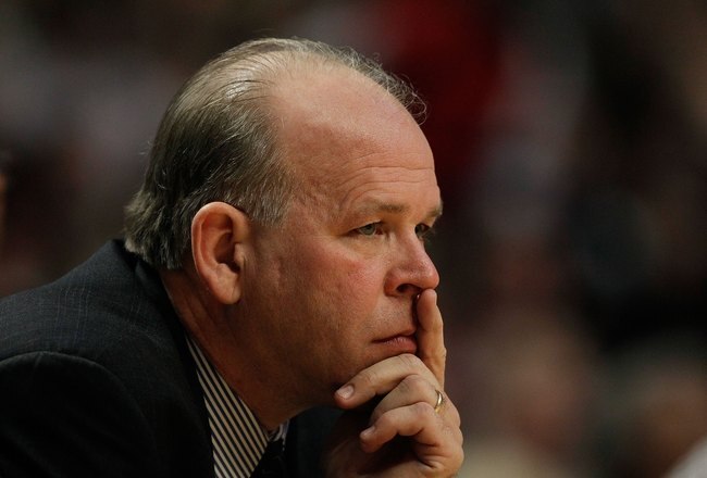 CHICAGO - DECEMBER 02: Head coach John Kuester of the Detroit Pistons watches as his team takes on the Chicago Bulls at the United Center on December 2, 2009 in Chicago, Illinois. The Bulls defeated the Pistons 92-85. NOTE TO USER: User expressly acknowledges and agrees that, by downloading and/or using this Photograph, User is consenting to the terms and conditions of the Getty Images License Agreement. (Photo by Jonathan Daniel/Getty Images)