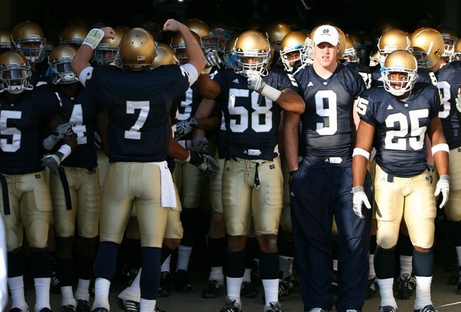 SOUTH BEND, IN - NOVEMBER 21: Members of the Notre Dame Fighting Irish wait to walk out of the tunnel before lining up to enter the field for a game against the Univeristy of Connecticut Huskies at Notre Dame Stadium on November 21, 2009 in South Bend, Indiana. (Photo by Jonathan Daniel/Getty Images)