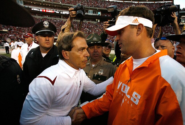 TUSCALOOSA, AL - OCTOBER 24:  Head coach Nick Saban (L) of the Alabama Crimson Tide shakes hands with head coach Lane Kiffin (R) of the Tennessee Volunteers after the Crimson Tide's 12-10 win at Bryant-Denny Stadium on October 24, 2009 in Tuscaloosa, Alabama.  (Photo by Kevin C. Cox/Getty Images)