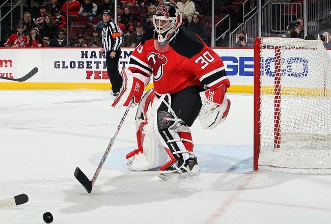 NEWARK, NJ - FEBRUARY 12:  Martin Brodeur #30 of the New Jersey Devils skates against the Nashville Predators at the Prudential Center on February 12, 2010 in Newark, New Jersey. The Devils defeated the Predators 5-2.  (Photo by Jim McIsaac/Getty Images)