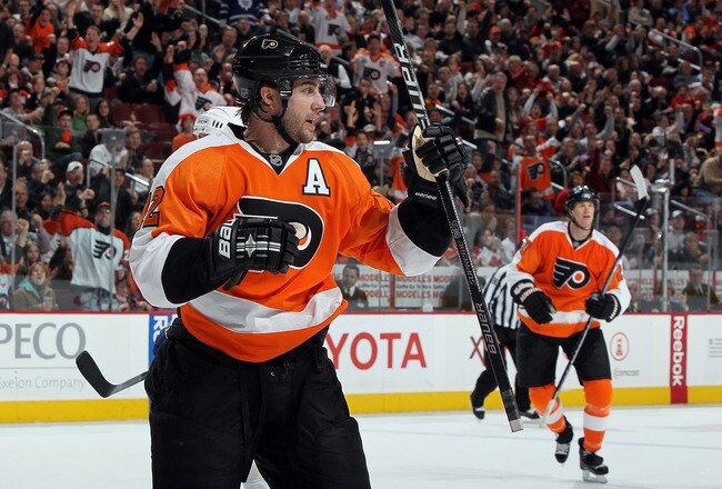 PHILADELPHIA - MARCH 07:  Simon Gagne #12 of the Philadelphia Flyers celebrates his second period goal against the Toronto Maple Leafs on March 7, 2010 at Wachovia Center in Philadelphia, Pennsylvania.  (Photo by Jim McIsaac/Getty Images)