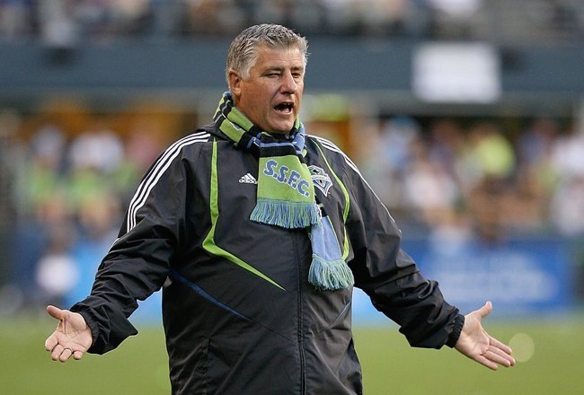 SEATTLE - MAY 30:  Head Coach Sigi Schmid of the Seattle Sounders FC questions a play during the match against the Columbus Crew at Qwest Field on May 30, 2009 in Seattle, Washington.  The match ended in a 1-1 draw.  (Photo by Otto Greule Jr/Getty Images)