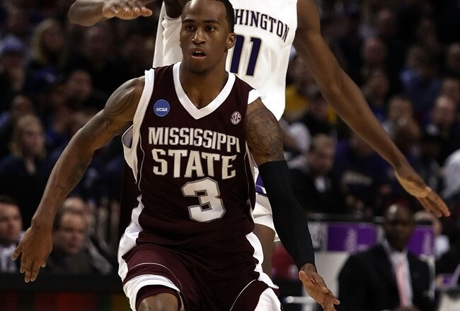 PORTLAND, OR - MARCH 19:  Dee Bost #3 of the Mississippi State Bulldogs moves the ball in front of Matthew Bryan-Amaning #11 of the Washington Huskies in the first half during the first round of the NCAA Division I Men's Basketball Tournament at the Rose Garden on March 19, 2009 in Portland, Oregon.  (Photo by Jonathan Ferrey/Getty Images)