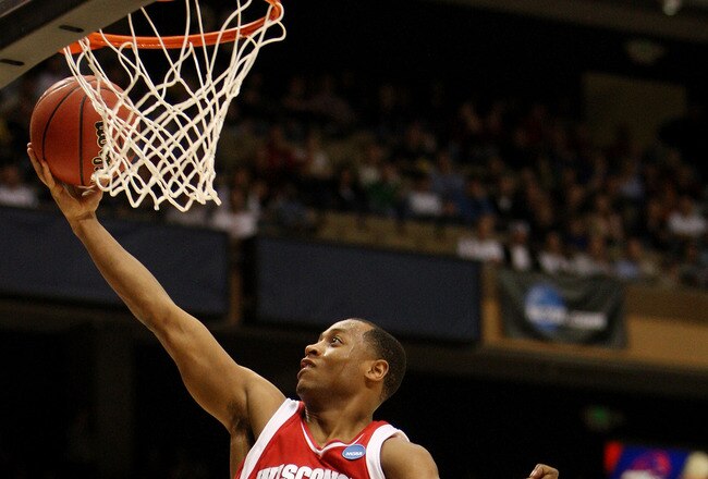 BOISE, ID - MARCH 20:  Guard Trevon Hughes #3 of the Wisconsin Badgers shoots a layup against the Florida State Seminoles during the first round of the NCAA Division I Men's Basketball Tournament at the Taco Bell Arena on March 20, 2009 in Boise, Idaho.  (Photo by Jed Jacobsohn/Getty Images)
