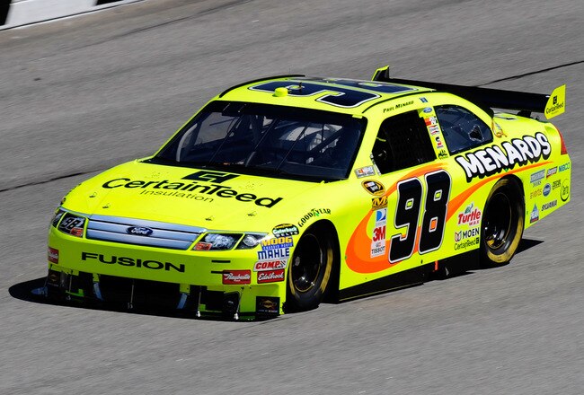 ATLANTA - MARCH 05:  Paul Menard drives the #98 Certain Teed/Menards Ford during practice for the NASCAR Sprint Cup Series Kobalt Tools 500 at Atlanta Motor Speedway on March 5, 2010 in Hampton, Georgia.  (Photo by John Harrelson/Getty Images)