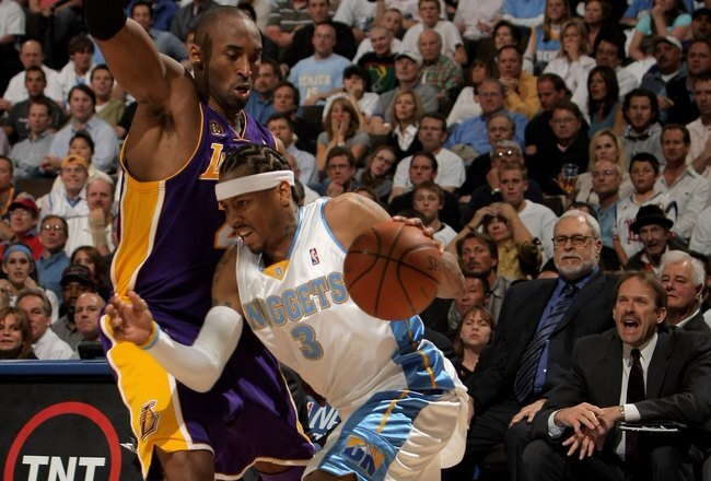 DENVER - APRIL 28:  Allen Iverson #3 of the Denver Nuggets drives against Kobe Bryant #24 of the Los Angeles Lakers in Game Four of the Western Conference Quarterfinals during the 2008 NBA Playoffs at the Pepsi Center on April 28, 2008 in Denver, Colorado. The Lakers defeated the Nuggets 107-101 and clinched their playoff series 4-0.  NOTE TO USER: User expressly acknowledges and agrees that, by downloading and or using this photograph, user is consenting to the term and conditions of the Getty Images License Agreement.  (Photo by Doug Pensinger/Getty Images)