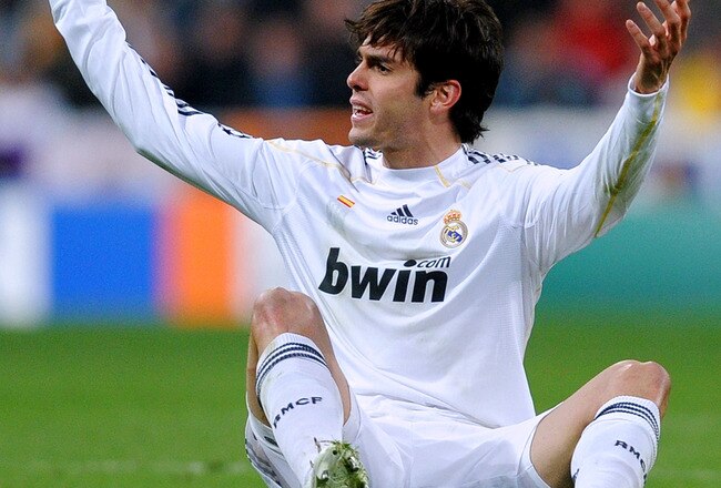 MADRID, SPAIN - MARCH 10:  Kaka of Real Madrid reacts during the UEFA Champions League round of 16 second leg match between Real Madrid and Lyon at the Estadio Santiago Bernabeu on March 10, 2010 in Madrid, Spain.  (Photo by Jasper Juinen/Getty Images)