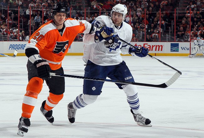 PHILADELPHIA - MARCH 07:  Chris Pronger #20 of the Philadelphia Flyers skates against Viktor Stalberg #45 of the Toronto Maple Leafs on March 7, 2010 at Wachovia Center in Philadelphia, Pennsylvania. The Flyers defeated the Leafs 3-1.  (Photo by Jim McIsaac/Getty Images)