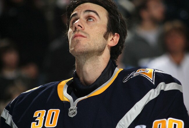 BUFFALO, NY - MARCH 10: Ryan Miller #30 of the Buffalo Sabres waits during the national anthem prior to playing against the Dallas Stars at the HSBC Arena on March 10, 2010 in Buffalo, New York.  (Photo by Bruce Bennett/Getty Images)