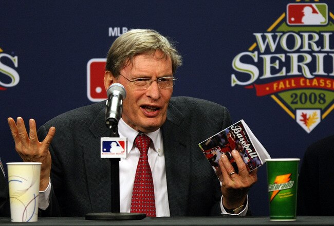 PHILADELPHIA - OCTOBER 27:  Major League Baseball commissioner Bud Selig explains the rules involved with suspending game five of the 2008 MLB World Series between the Philadelphia Phillies and the Tampa Bay Rays till 8:00 pm (EST) on October 28 at the earliest of the Philadelphia Phillies at a press conference on October 27, 2008 at Citizens Bank Park in Philadelphia, Pennsylvania.  (Photo by Elsa/Getty Images)