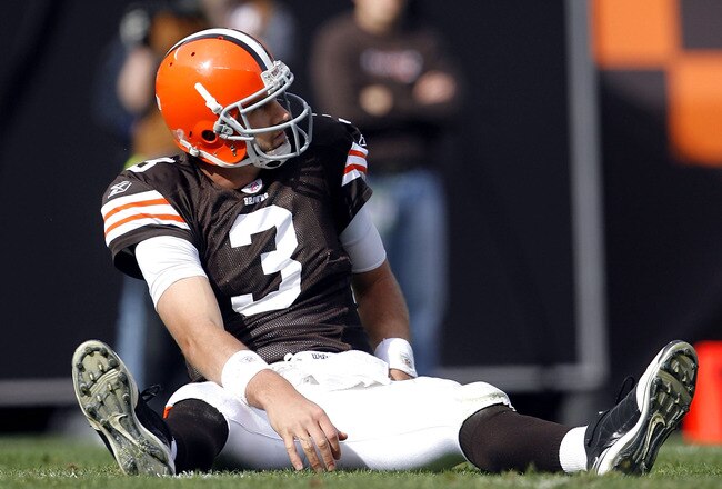 CLEVELAND, OH - OCTOBER 25:  Derek Anderson #3 of the Cleveland Browns reacts after being sacked by the Green Bay Packers at Cleveland Browns at Cleveland Browns Stadium on October 25, 2009 in Cleveland, Ohio.  (Photo by Matt Sullivan/Getty Images)