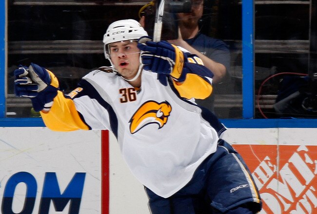 ATLANTA - JANUARY 14:  Patrick Kaleta #36 of the Buffalo Sabres celebrates after scoring a goal against the Atlanta Thrashers at Philips Arena on January 14, 2010 in Atlanta, Georgia.  (Photo by Kevin C. Cox/Getty Images)