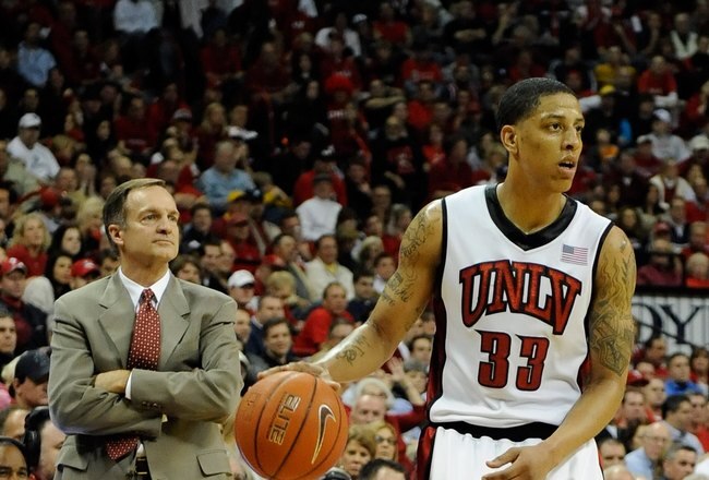 LAS VEGAS - FEBRUARY 06:  Tre'Von Willis #33 of the UNLV Rebels dribbles the ball in front of head coach Lon Kruger during the game against the Brigham Young University Cougars at the Thomas & Mack Center February 6, 2010 in Las Vegas, Nevada. UNLV won 88-74.  (Photo by Ethan Miller/Getty Images)