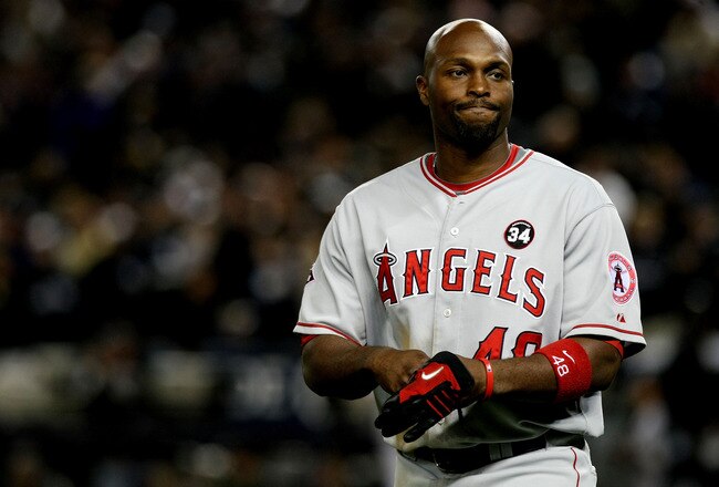 NEW YORK - OCTOBER 25:  Torii Hunter #48 of the Los Angeles Angels of Anaheim looks on as he walks off the field at the end of the top of the sixth inning of Game Six of the ALCS against the New York Yankees during the 2009 MLB Playoffs at Yankee Stadium on October 25, 2009 in the Bronx borough of New York City.  (Photo by Nick Laham/Getty Images)
