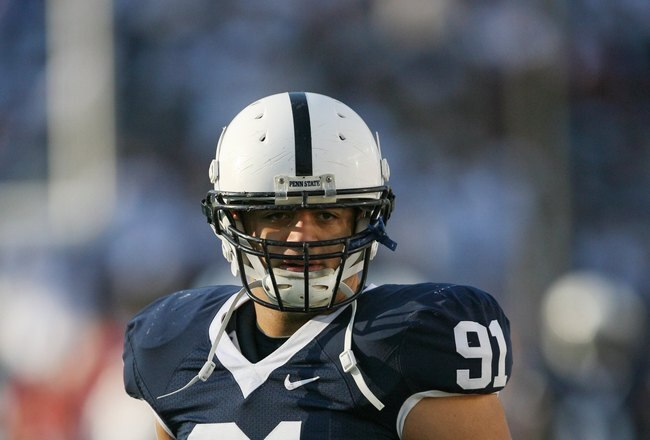 STATE COLLEGE, PA - NOVEMBER 7: Defensive tackle Jared Odrick #91 of the Penn State Nittany Lions warms-up before a game against the Ohio State Buckeyes on November 7, 2009 at Beaver Stadium in State College, Pennsylvania. Ohio State won 24-7. (Photo by Hunter Martin/Getty Images)
