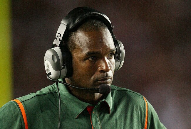 TALLAHASSEE, FL - SEPTEMBER 07:  Head coach Randy Shannon of the Miami Hurricanes watches his team take on the Florida State Seminoles at Doak Campbell Stadium on September 7, 2009 in Tallahassee, Florida. Miami defeated Florida State 38-34.  (Photo by Doug Benc/Getty Images)