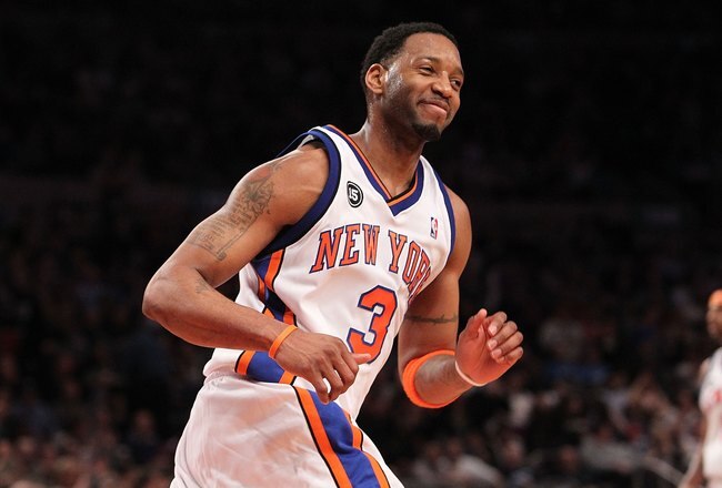 NEW YORK - FEBRUARY 20:  Tracy McGrady #3 of the New York Knicks smiles after making a basket against the Oklahoma City Thunder at Madison Square Garden on February 20, 2010 in New York, New York. NOTE TO USER: User expressly acknowledges and agrees that, by downloading and or using this photograph, User is consenting to the terms and conditions of the Getty Images License Agreement.  (Photo by Nick Laham/Getty Images)