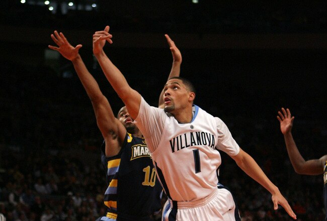 NEW YORK - MARCH 11:  Scottie Reynolds #1 of the Villanova Wildcats goes to the hoop against David Cubillan #10 of the Marquette Golden Eagles during the quarterfinal of the 2010 NCAA Big East Tournament at Madison Square Garden on March 11, 2010 in New York City.  (Photo by Chris Trotman/Getty Images)
