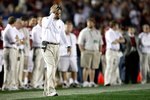PASADENA, CA - JANUARY 07:  Head Coach Nick Saban of the Alabama Crimson Tide reacts during the Citi BCS National Championship game against the Texas Longhorns at the Rose Bowl on January 7, 2010 in Pasadena, California.  (Photo by Jeff Gross/Getty Images)