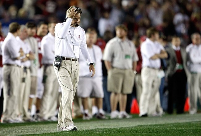 PASADENA, CA - JANUARY 07:  Head Coach Nick Saban of the Alabama Crimson Tide reacts during the Citi BCS National Championship game against the Texas Longhorns at the Rose Bowl on January 7, 2010 in Pasadena, California.  (Photo by Jeff Gross/Getty Images)