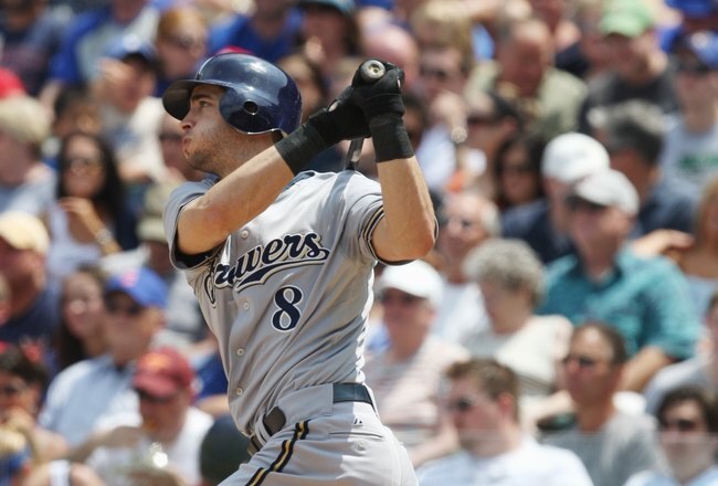 CHICAGO - JULY 03:  Ryan Braun #8 of the Milwaukee Brewers at bat against the Chicago Cubs during their MLB game on July 3, 2009 at Wrigley Field in Chicago, Illinois. (Photo by Jonathan Daniel/Getty Images) 