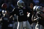 OAKLAND, CA - NOVEMBER 15:  JaMarcus Russell #2 of the Oakland Raiders passes against the Kansas City Chiefs during an NFL game at Oakland-Alameda County Coliseum on November 15, 2009 in Oakland, California.  (Photo by Jed Jacobsohn/Getty Images)