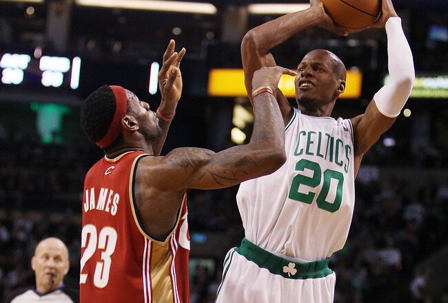 BOSTON - FEBRUARY 25:  Ray Allen #20 of the Boston Celtics shoot under pressure from LeBron James #23 of the Cleveland Cavaliers at the TD Garden on February 25, 2010 in Boston, Massachusetts. The Cavaliers defeated the Celtics 108-88.  NOTE TO USER: User expressly acknowledges and agrees that, by downloading and or using this photograph, User is consenting to the terms and conditions of the Getty Images License Agreement.  (Photo by Elsa/Getty Images)